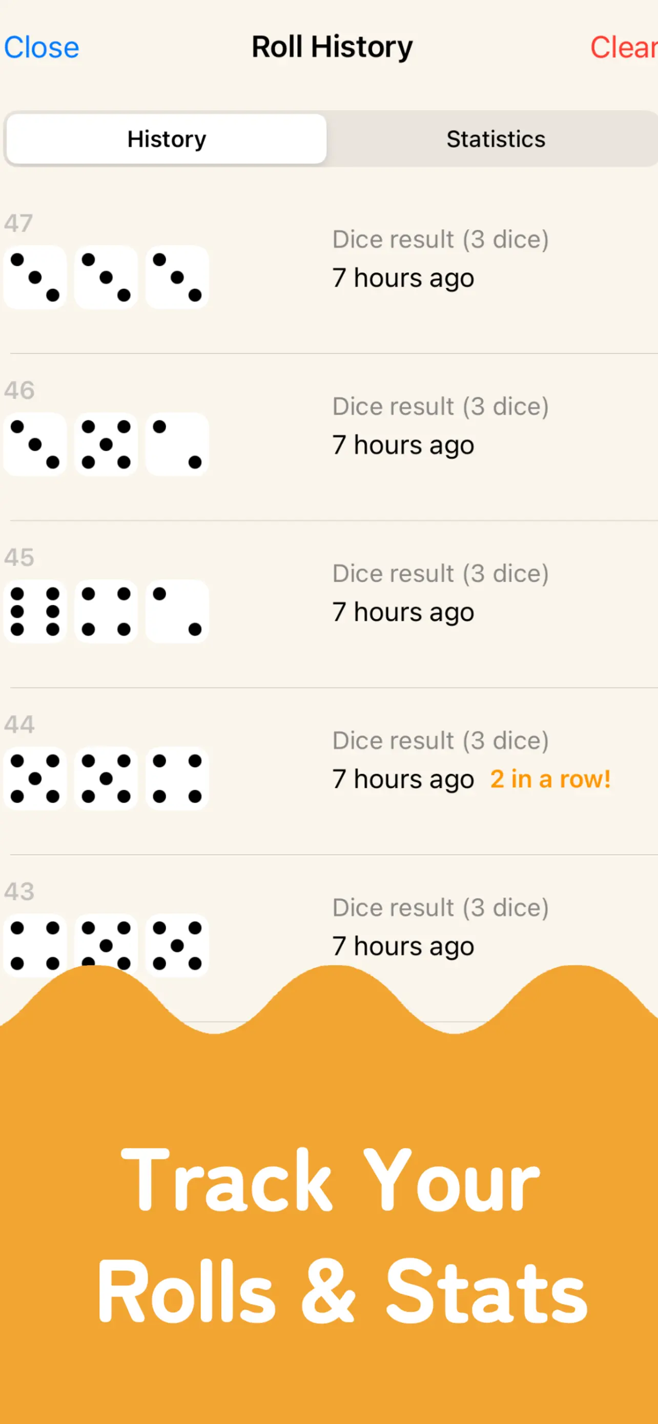 Roll history and probability graph